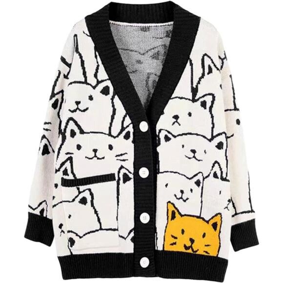 Women's Cat Sweater Oversized Button Down V Neck Cable Knit Sweater - Picture 1 of 6